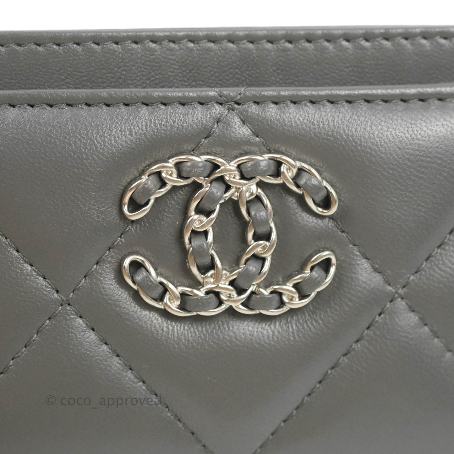 Chanel 19 Quilted Grey Flat Card Holder Silver Hardware