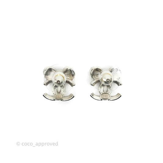Chanel Crystal CC Bow Knot Earrings Silver Tone 22B