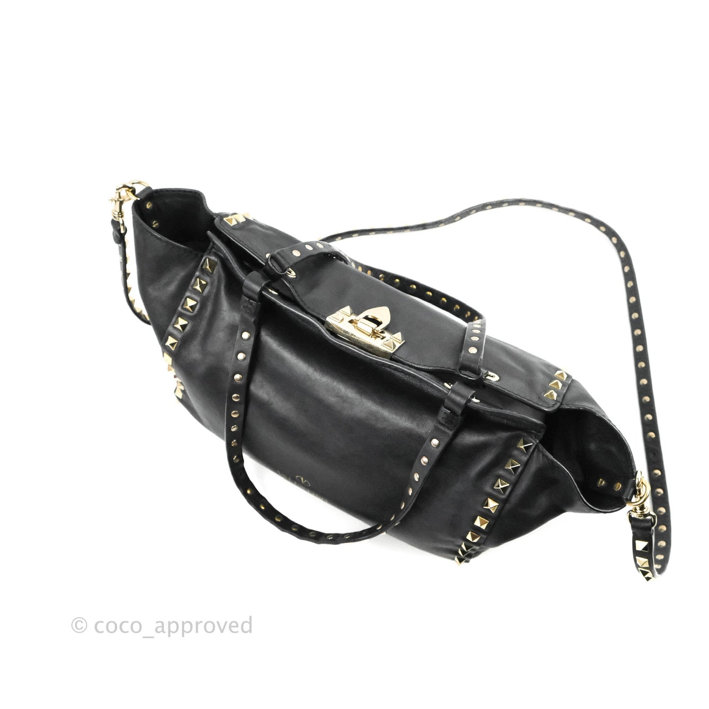 Valentino Garavani Small Trapeze Rockstud Black Grained Calfskin Gold Hardware