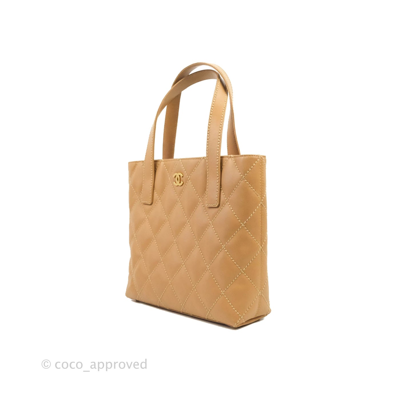 Chanel Vintage Quilted CC Tote Bag Beige Calfskin Gold Hardware