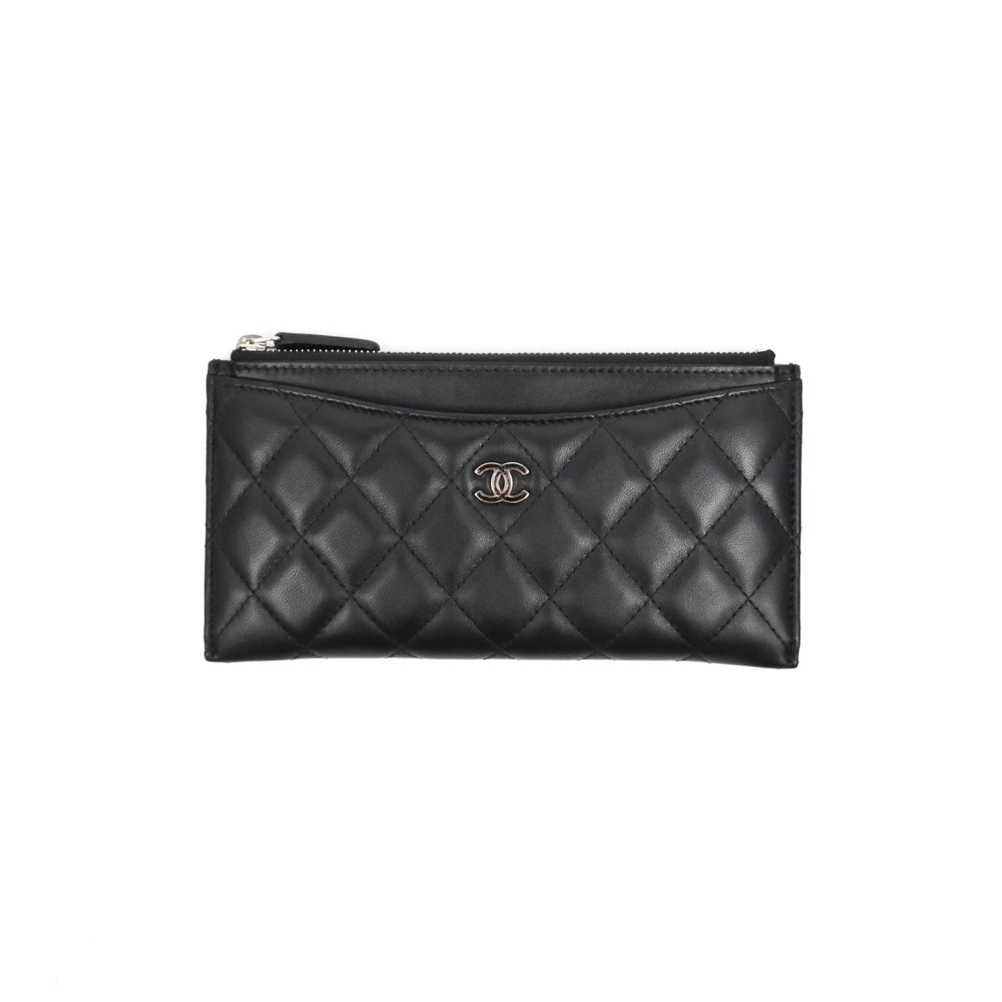 Chanel Classic Zip Pouch Glitter CC Black Lambskin Silver Hardware