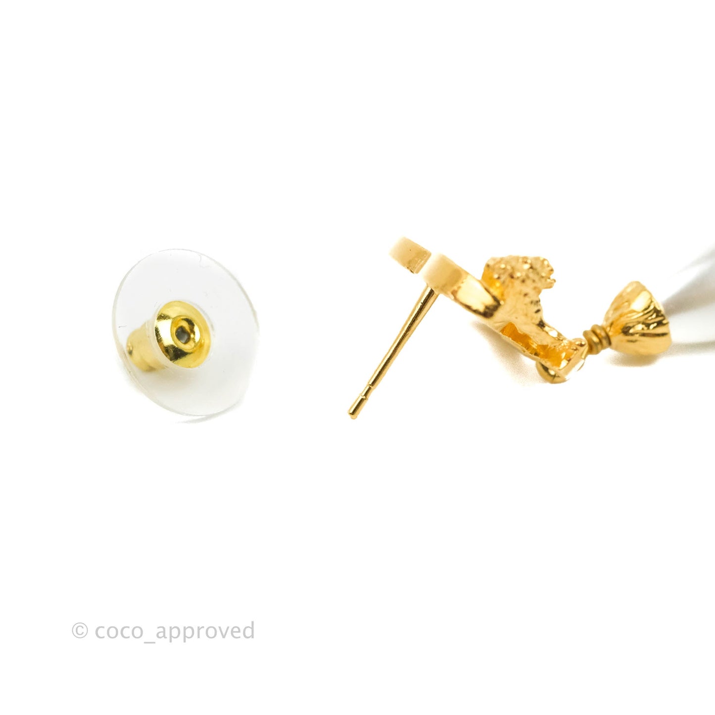 Chanel Lion CC Drop Tear Pearl Earrings Gold Tone 22A