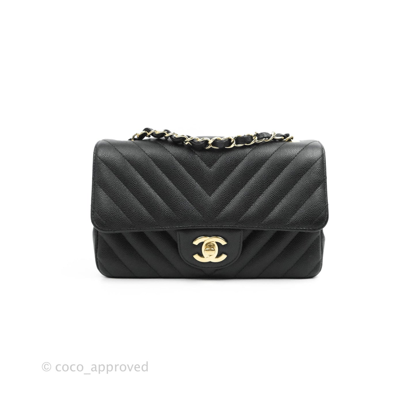 Chanel Chevron Mini Rectangular Flap Black Caviar Gold Hardware