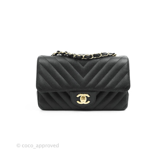 Chanel Chevron Mini Rectangular Flap Black Caviar Gold Hardware