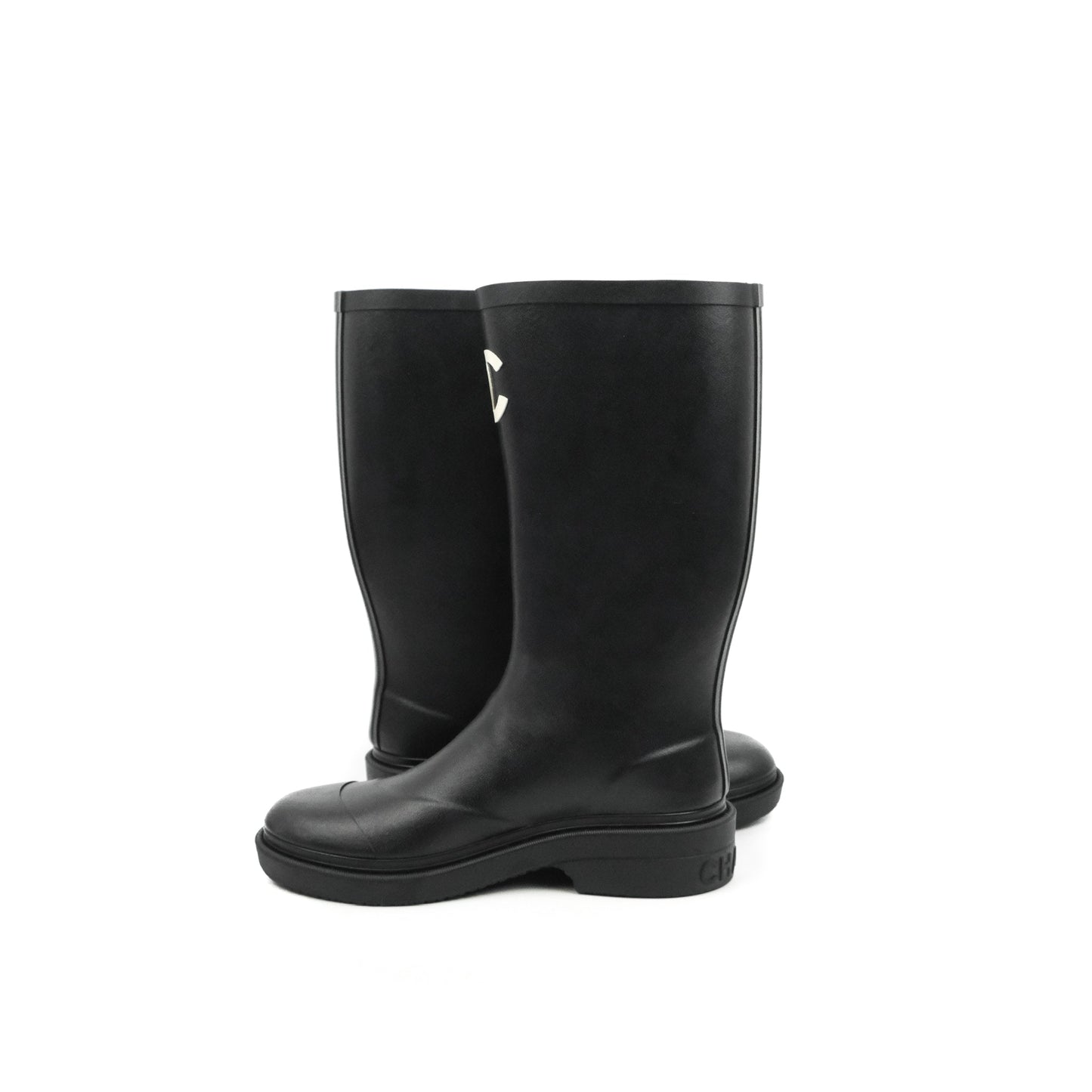 Chanel CC Black Rubber Rain Boots Size 35