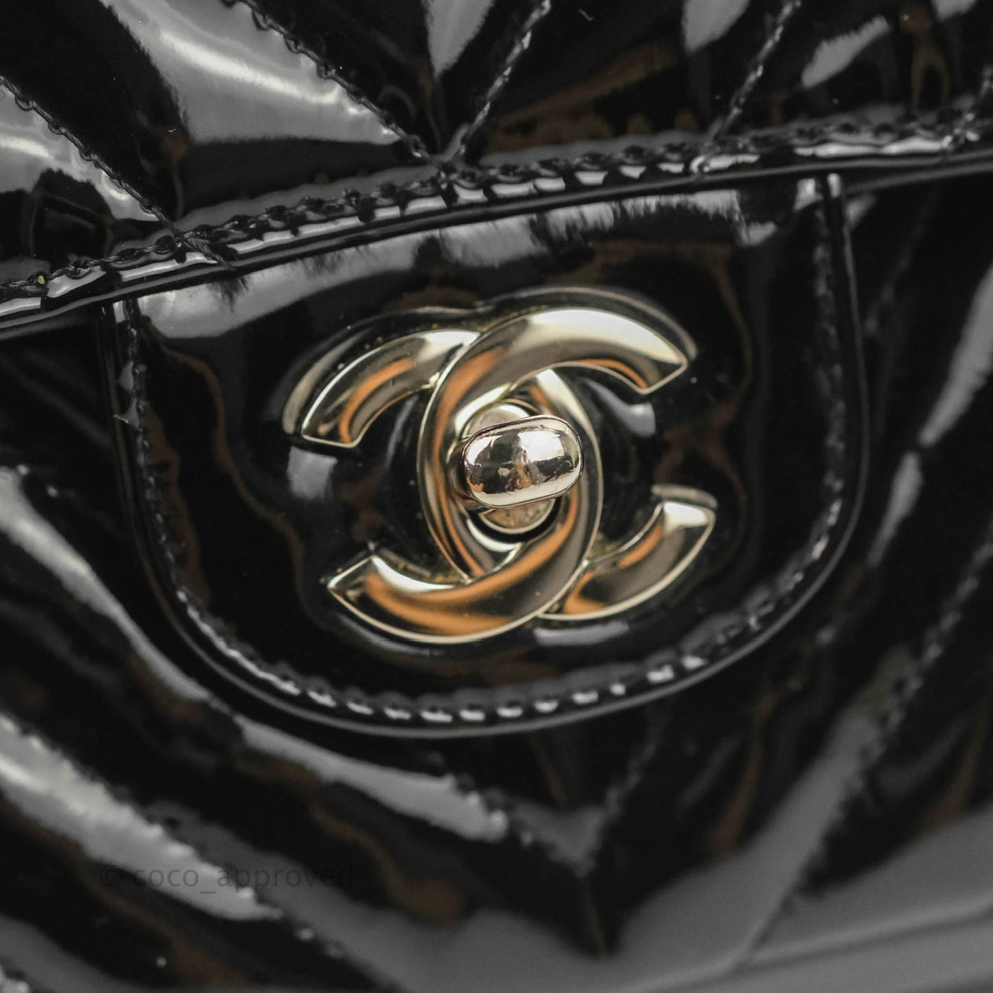 Chanel Classic M/L Medium Chevron Double Flap Black Patent Silver Hardware