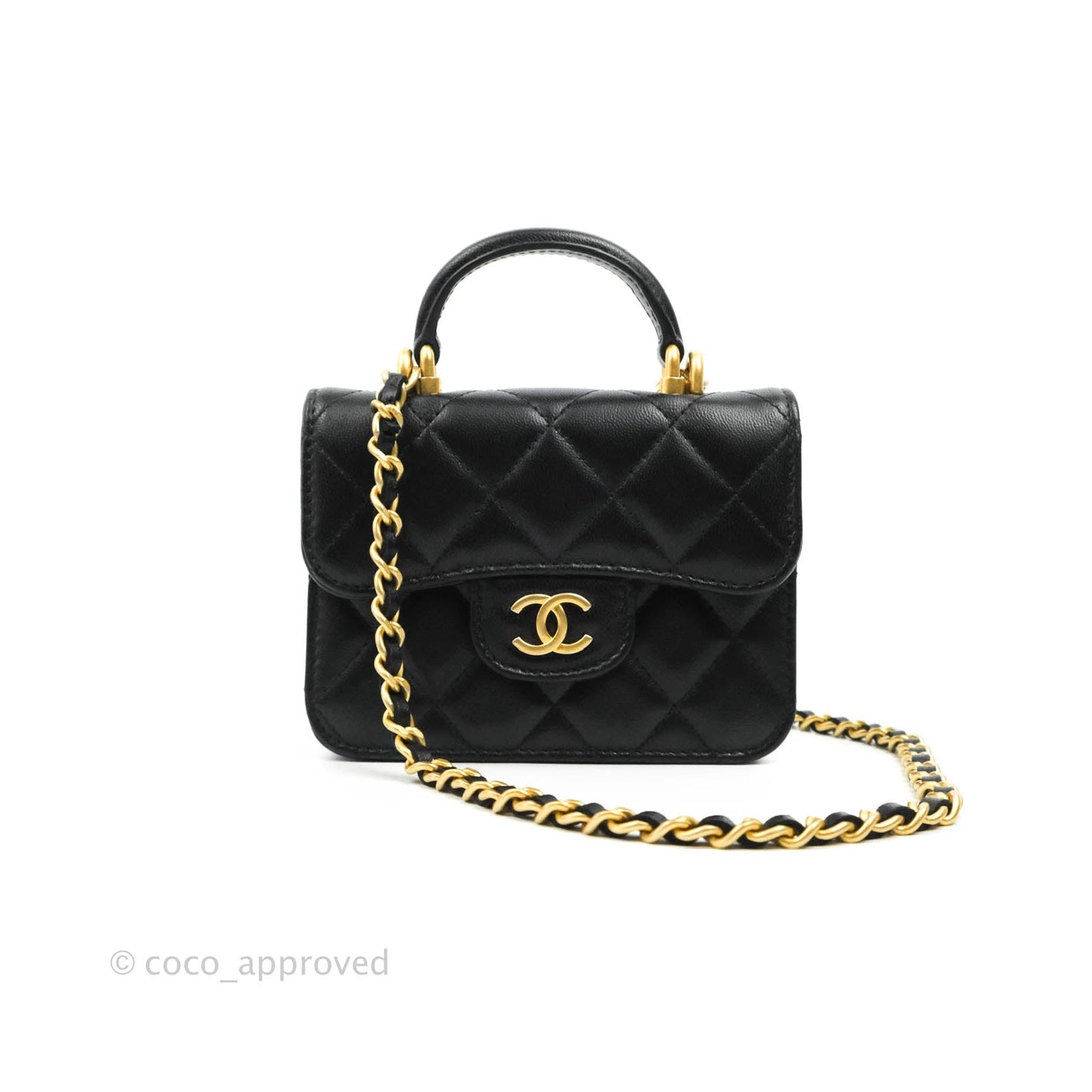 Chanel Mini Handle Flap Coin Purse With Chain Black Lambskin Gold Hardware