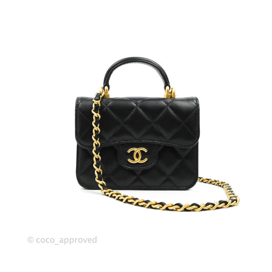 Chanel Mini Handle Flap Coin Purse With Chain Black Lambskin Gold Hardware