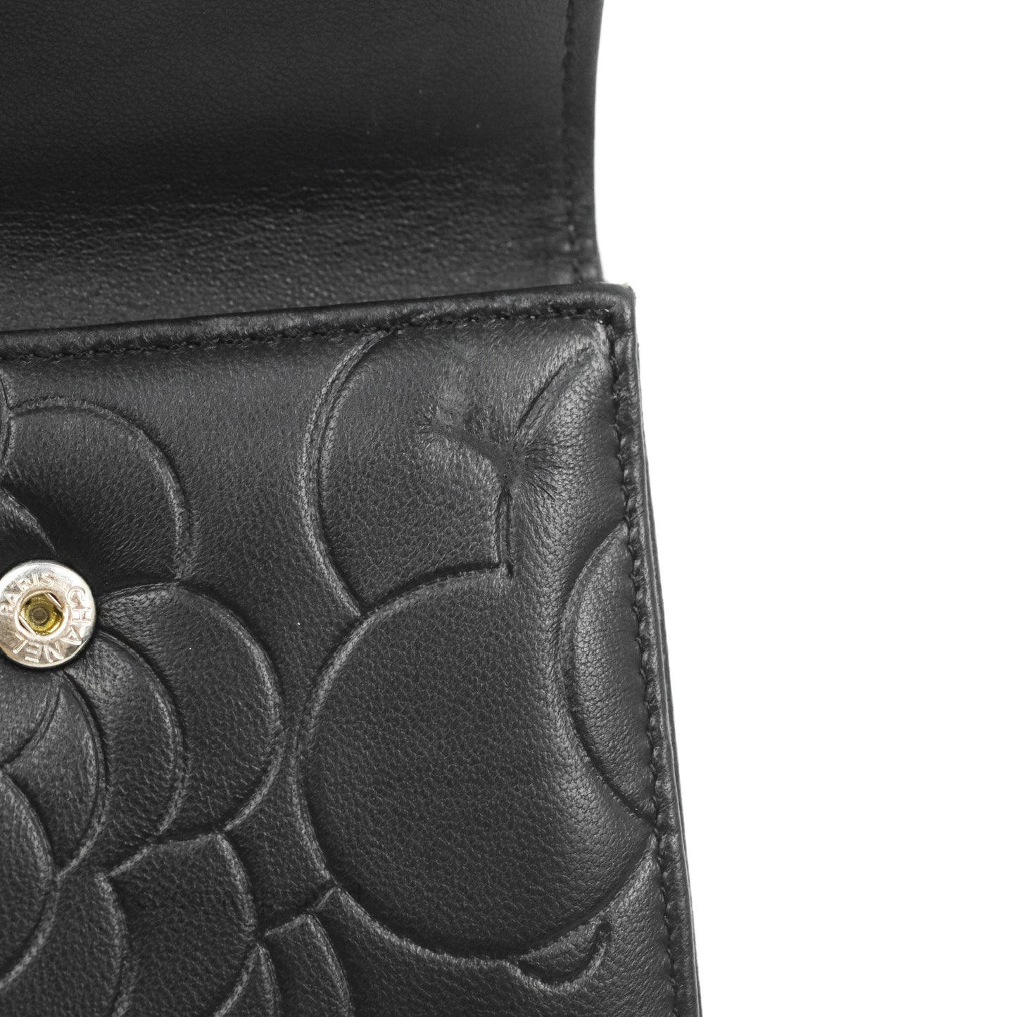 Chanel Camellia Embossed Tri-fold Short Wallet Black Lambskin Silver Hardware