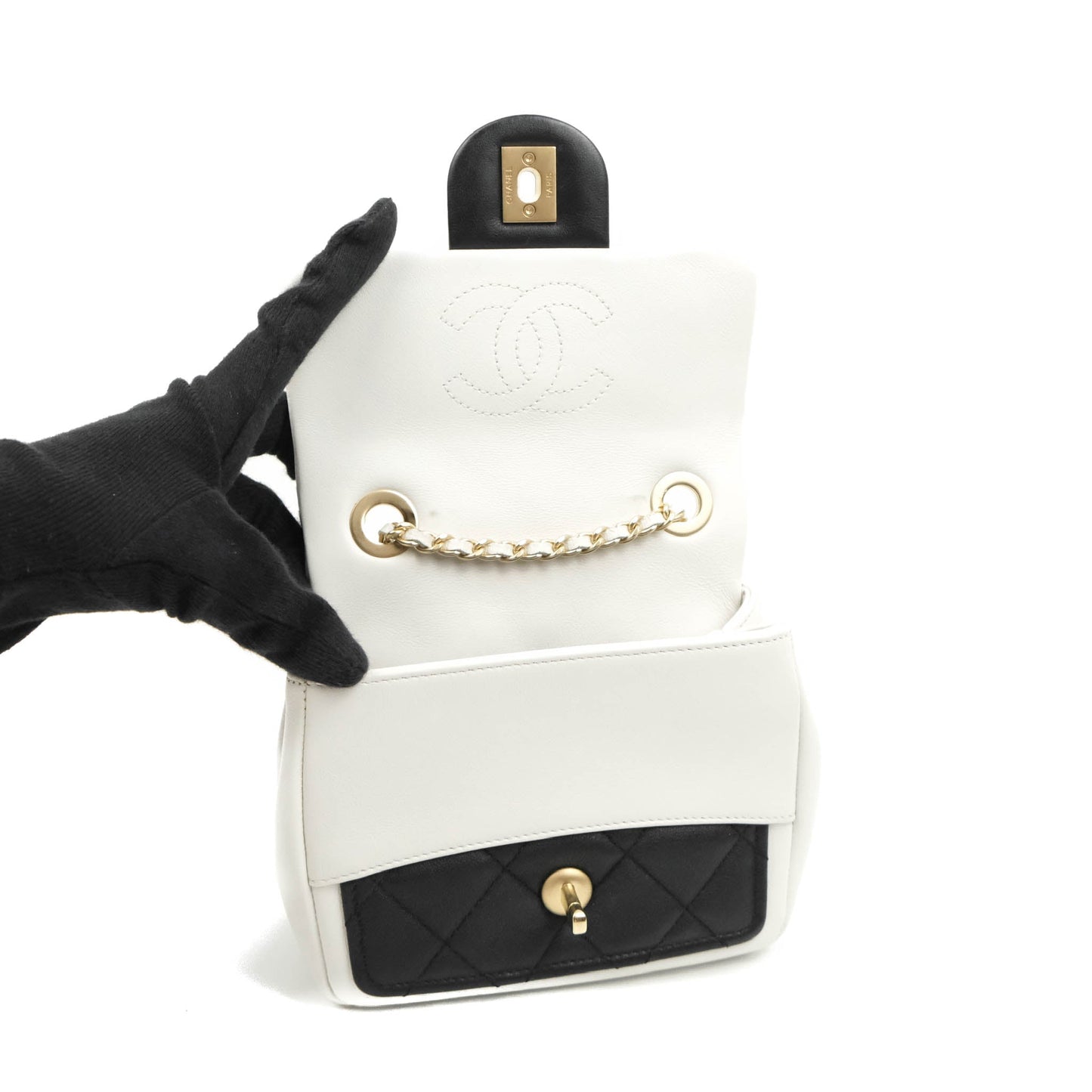 Chanel Quilted Graphic Mini Flap Bag Black White Gold Hardware