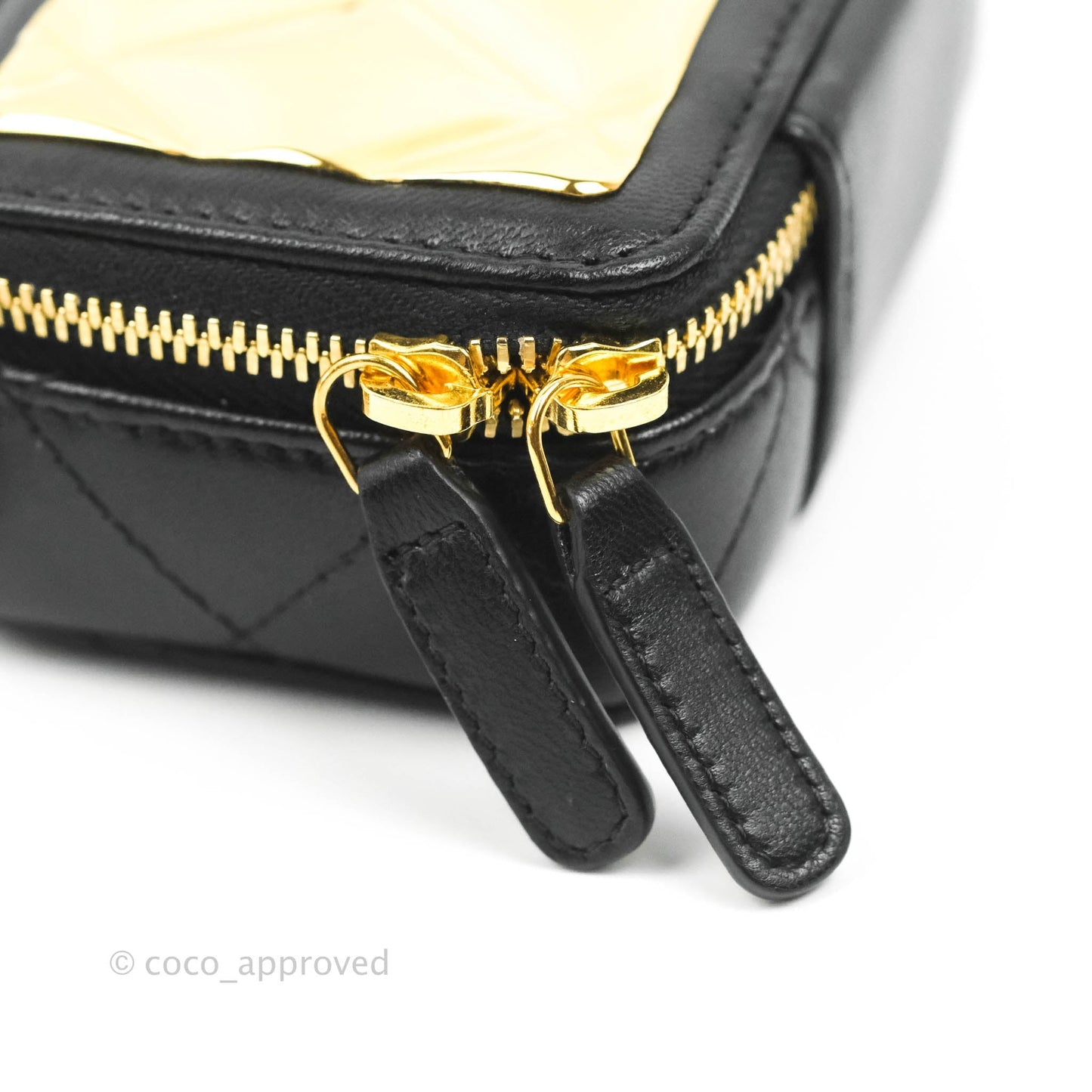 Chanel Metal Quilted Extra Mini Vanity Case With Chain Black Gold Lambskin