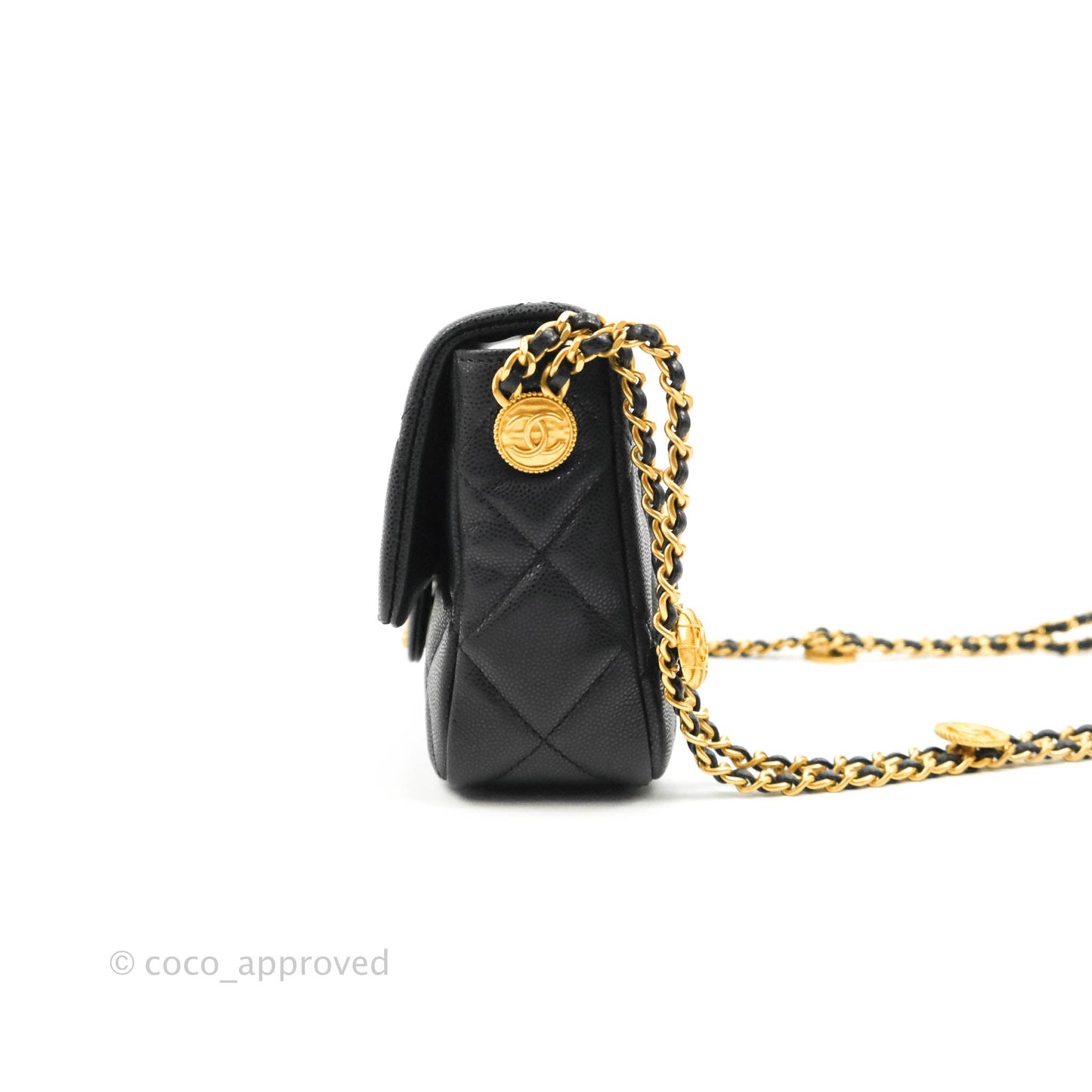 Chanel Small Flap with Coin Charm Black Caviar Aged Gold Hardware 22A