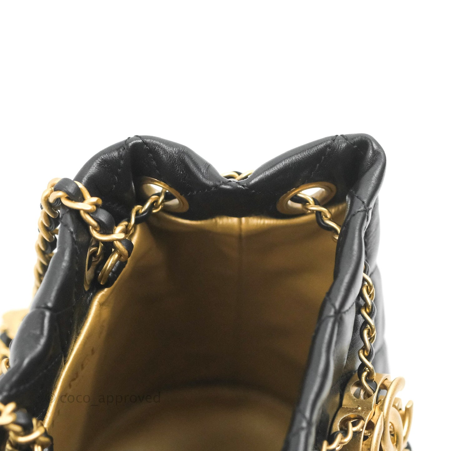Chanel Pearl Crush Bucket Bag Black Lambskin Aged Gold Hardware 22S