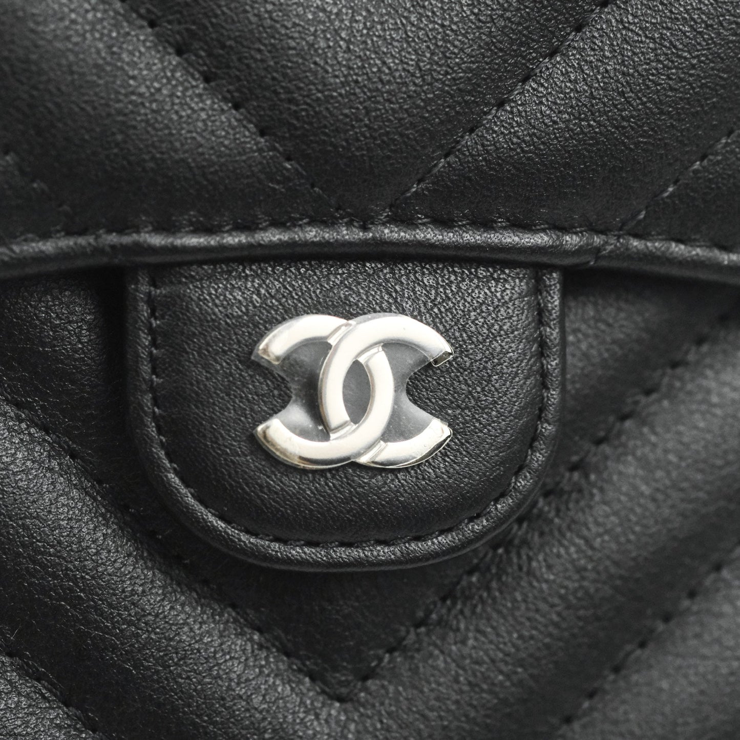 Chanel Classic Chevron Phone Holder Calfskin Black Silver Hardware