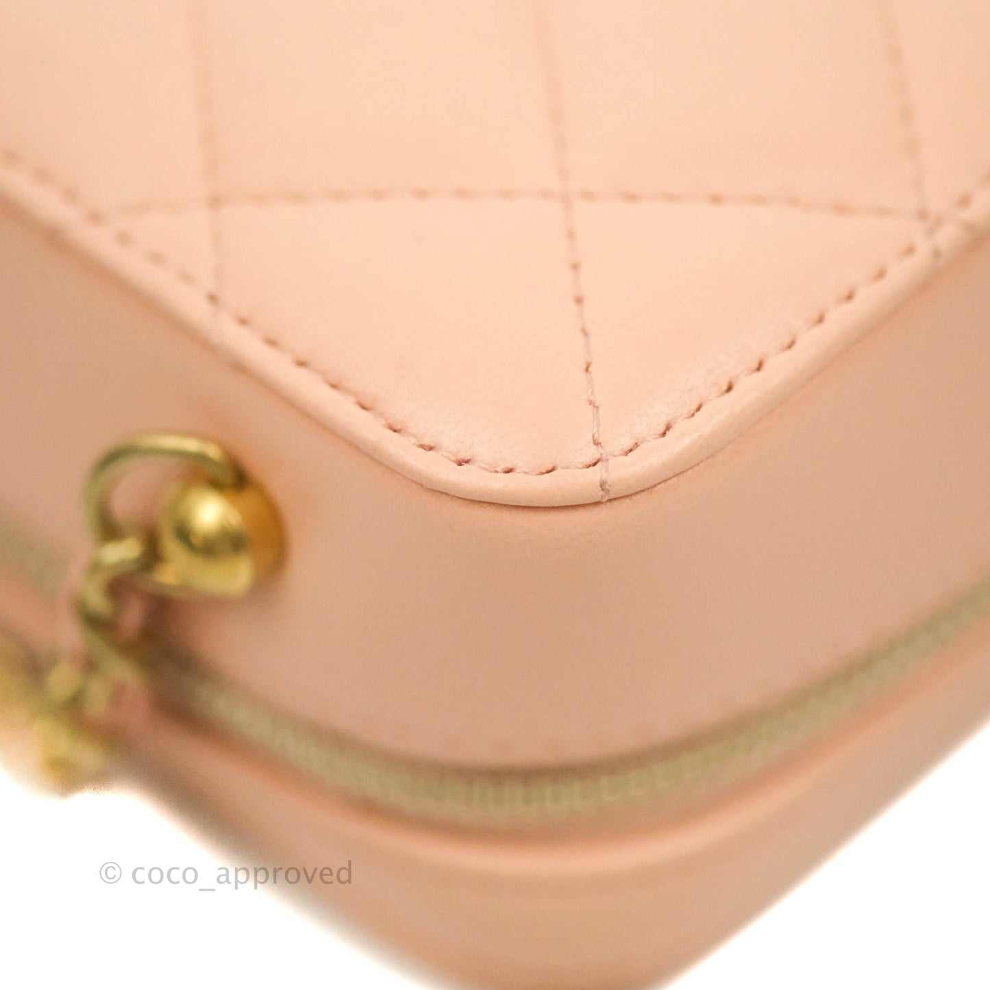 Chanel Mini Pearl Crush Quilted Camera Case Beige Pink Lambskin Aged Gold Hardware