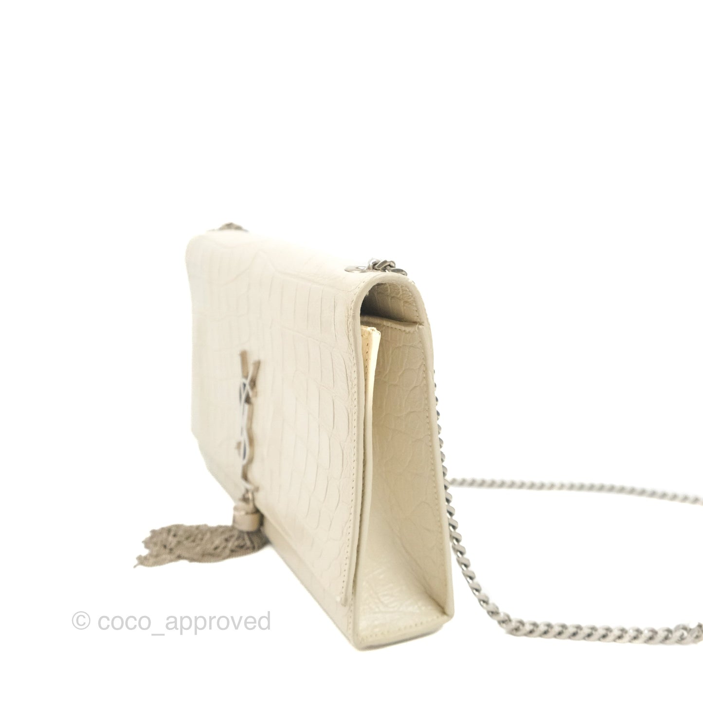 Saint Laurent Medium Kate Tassel Chain Bag Blanc Vintage Crocodile Embossed Calfskin Silver Hardware