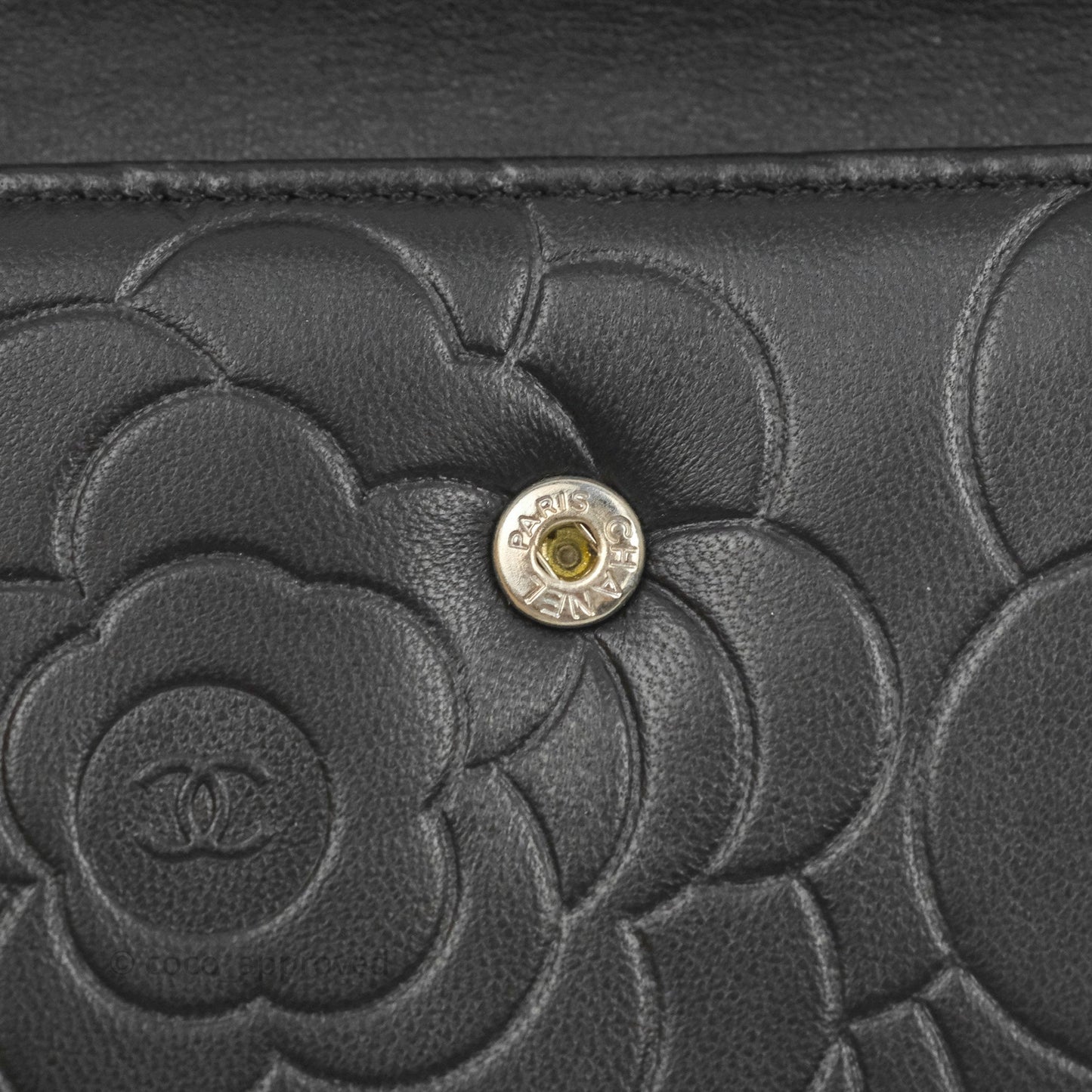 Chanel Camellia Embossed Tri-fold Short Wallet Black Lambskin Silver Hardware