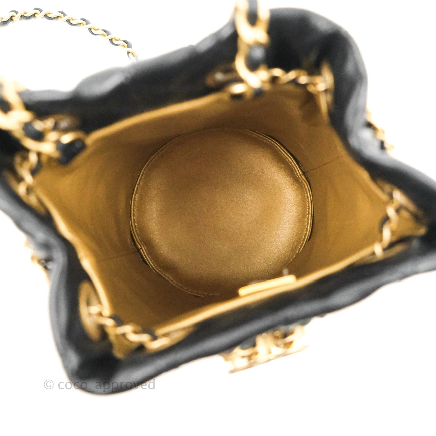 Chanel Pearl Crush Bucket Bag Black Lambskin Aged Gold Hardware 22S