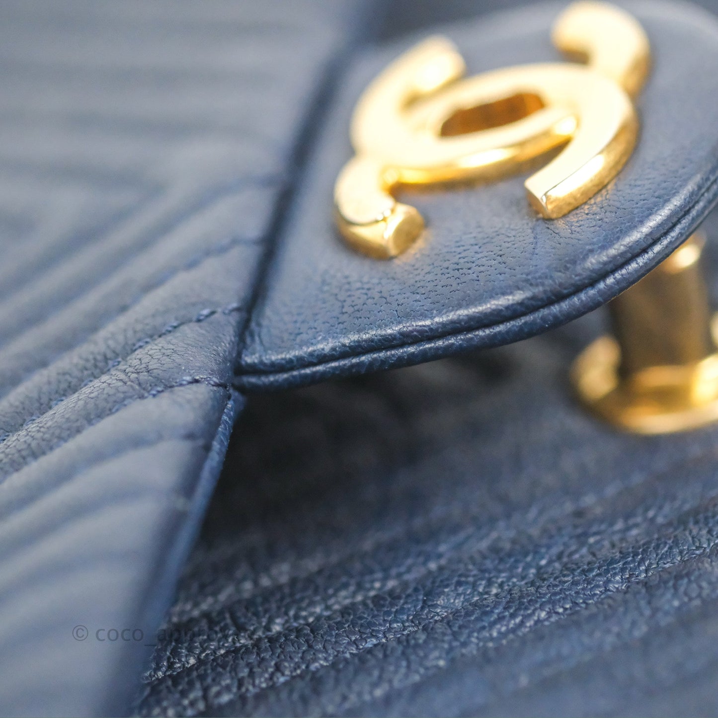 Chanel Small Chevron Surpique Flap Navy Calfskin Aged Gold Hardware