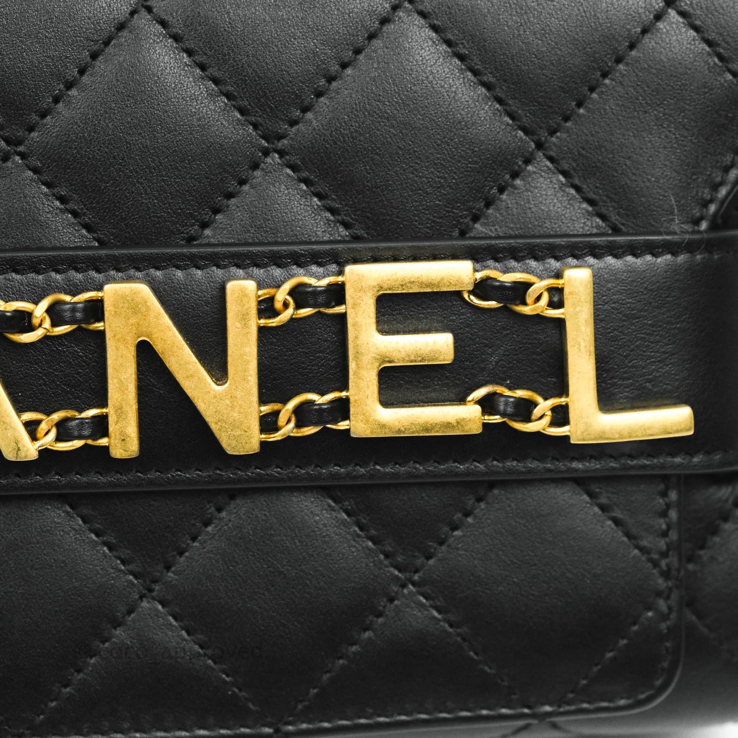 Chanel Logo Enchained Flap Bag Black Calfskin Gold Hardware