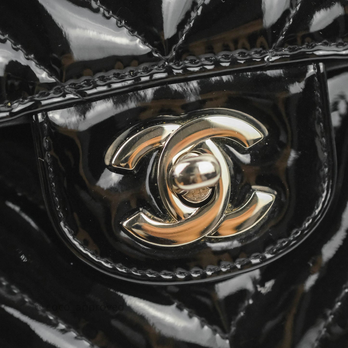 Chanel Classic M/L Medium Chevron Double Flap Black Patent Silver Hardware