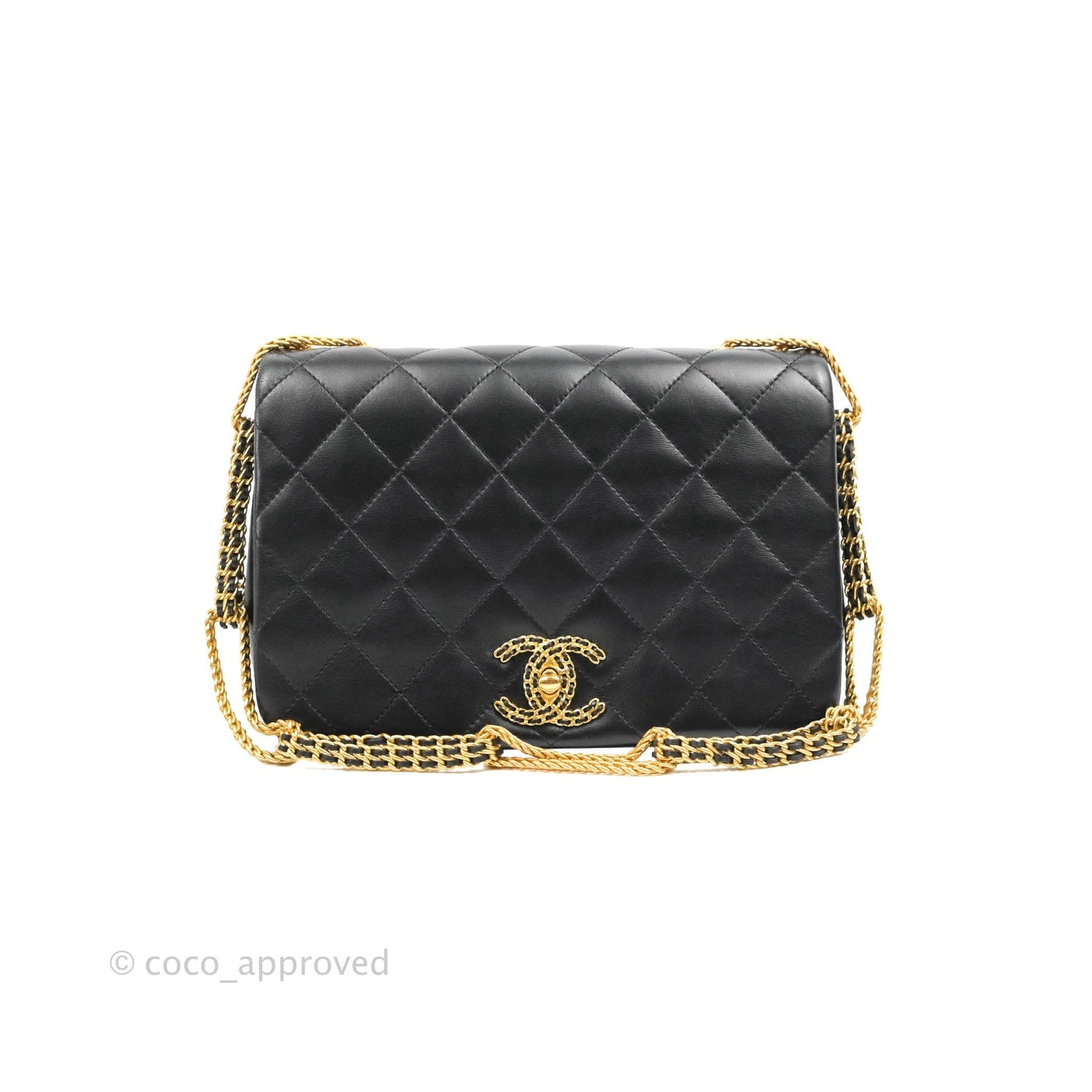 Chanel Large Flap Bag With Woven CC Logo Black Lambskin Gold Hardware 22C