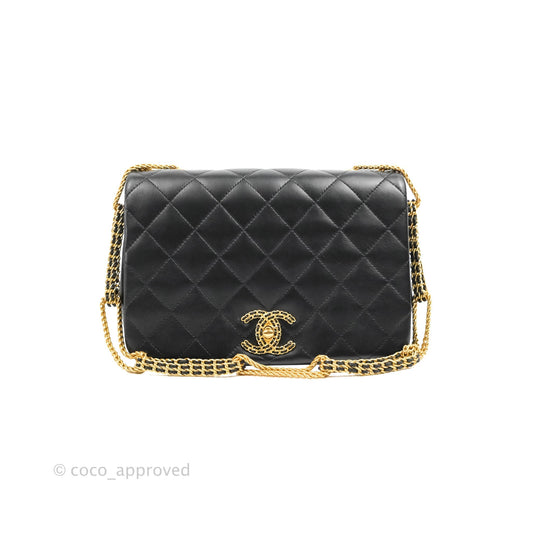 Chanel Large Flap Bag With Woven CC Logo Black Lambskin Gold Hardware 22C