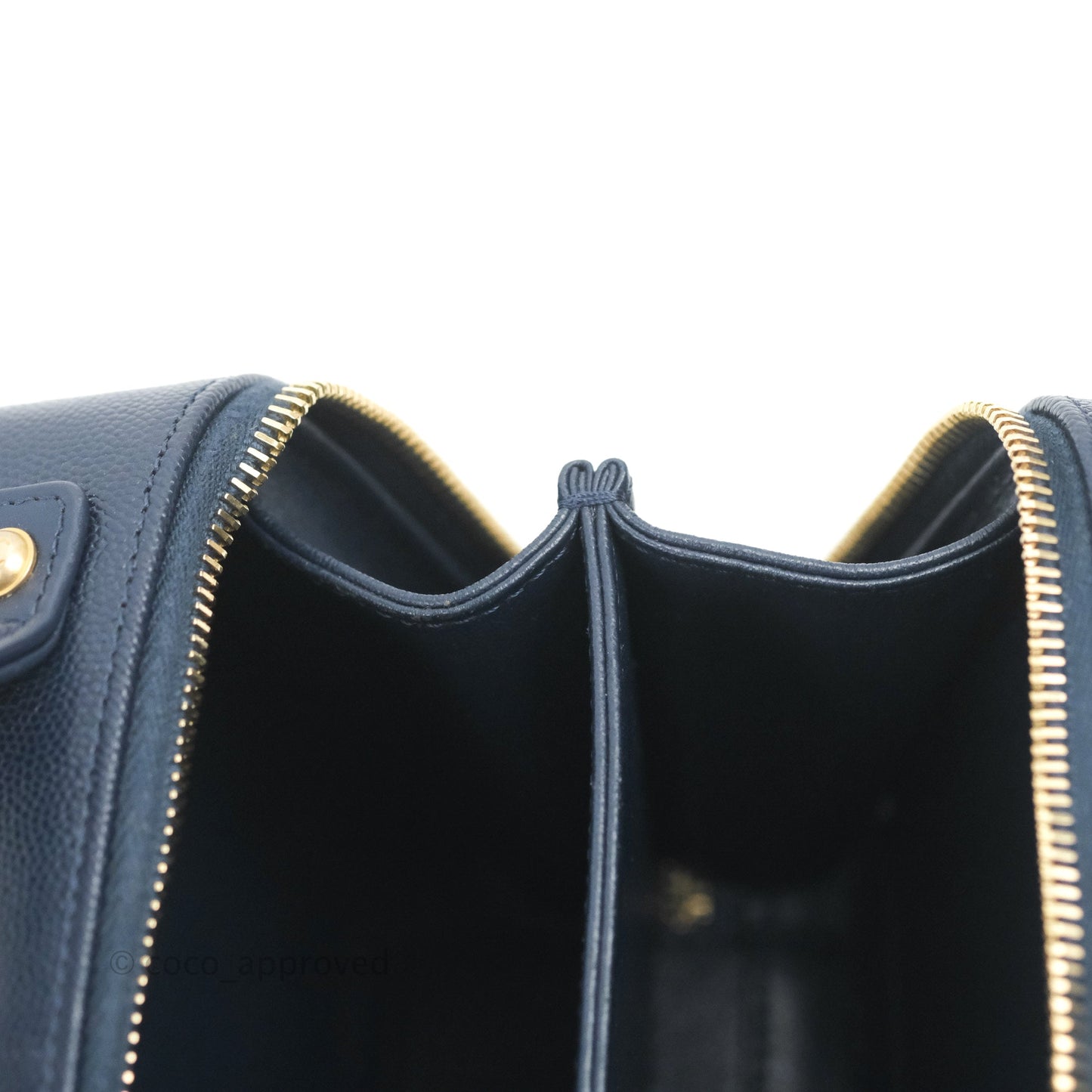 Chanel Quilted Small CC Filigree Vanity Case Navy Caviar Gold Hardware