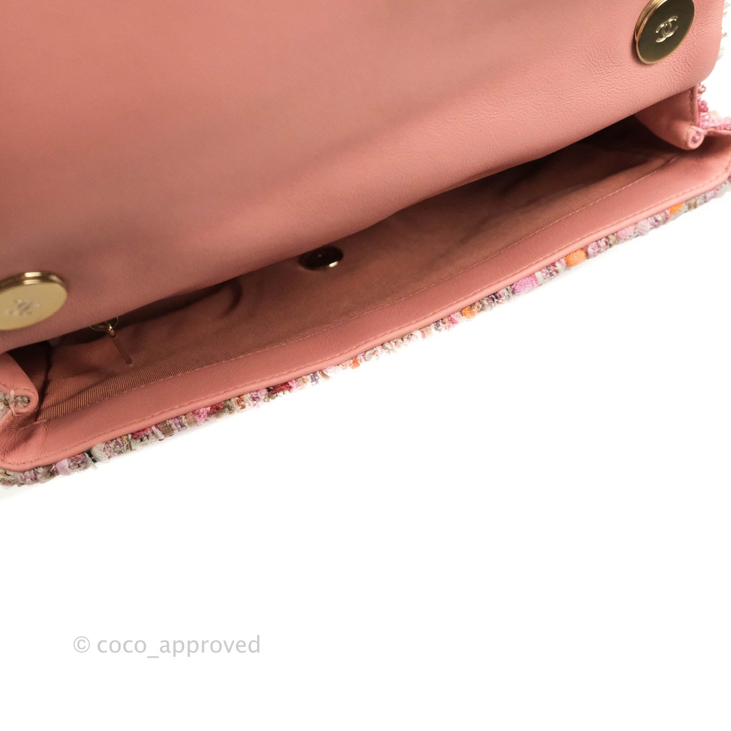 Chanel Medium Pink Tweed Flap Bag With Large Pearl Handle Gold Hardware