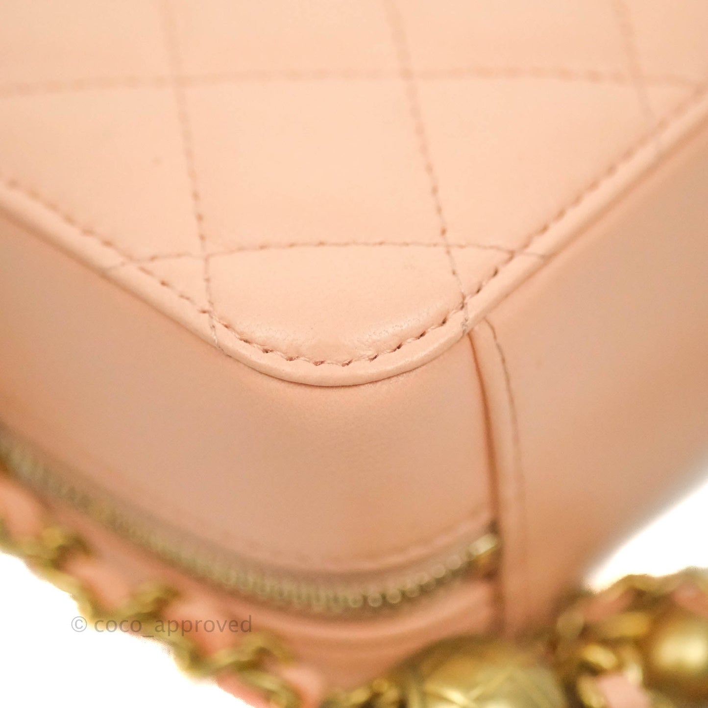 Chanel Mini Pearl Crush Quilted Camera Case Beige Pink Lambskin Aged Gold Hardware