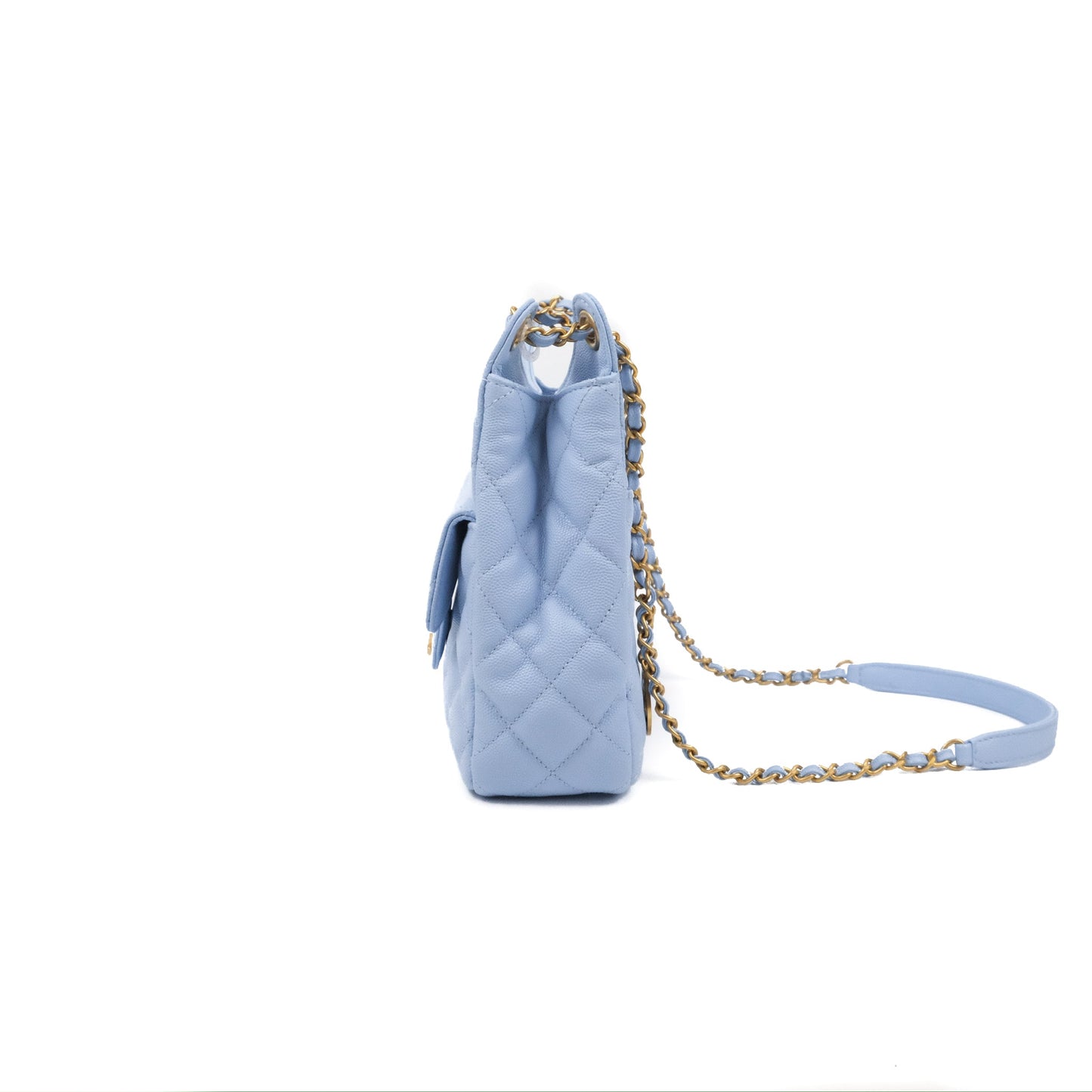 Chanel Quilted Wavy CC Hobo Light Blue Caviar Aged Gold Hardware 23P