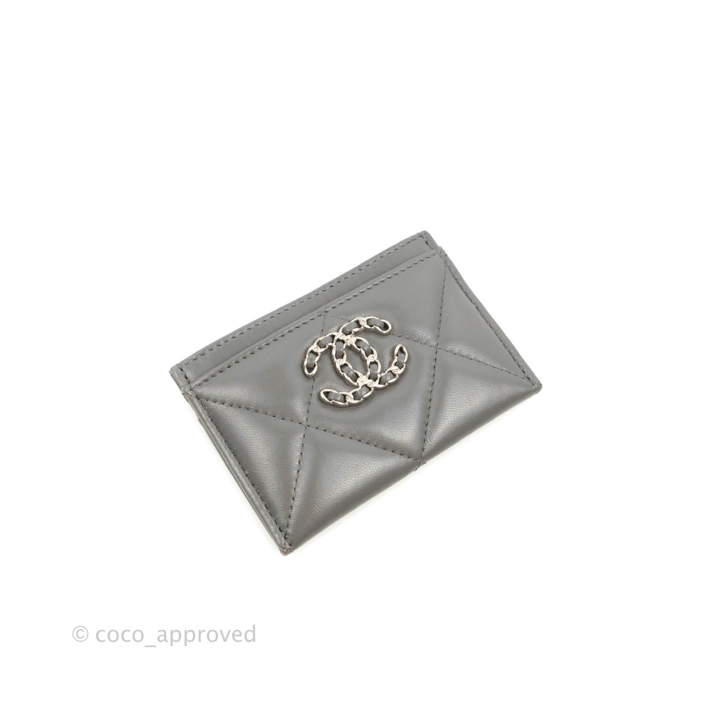 Chanel 19 Quilted Grey Flat Card Holder Silver Hardware