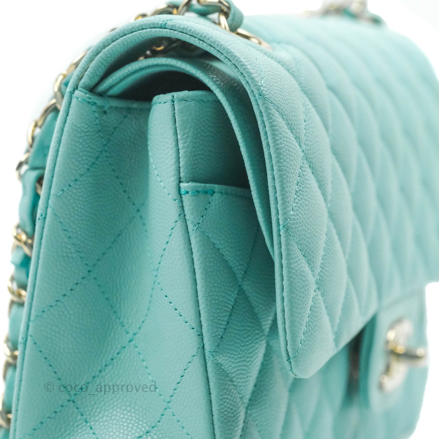 Chanel Classic M/L Medium Flap Quilted Tiffany Blue Caviar Gold Hardware