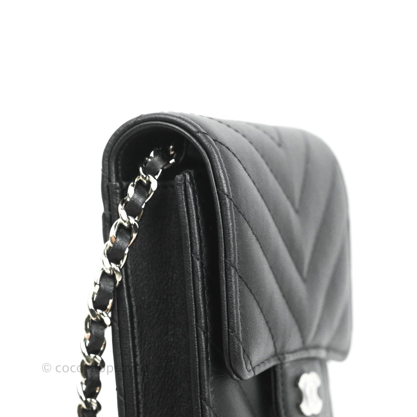 Chanel Classic Chevron Phone Holder Calfskin Black Silver Hardware