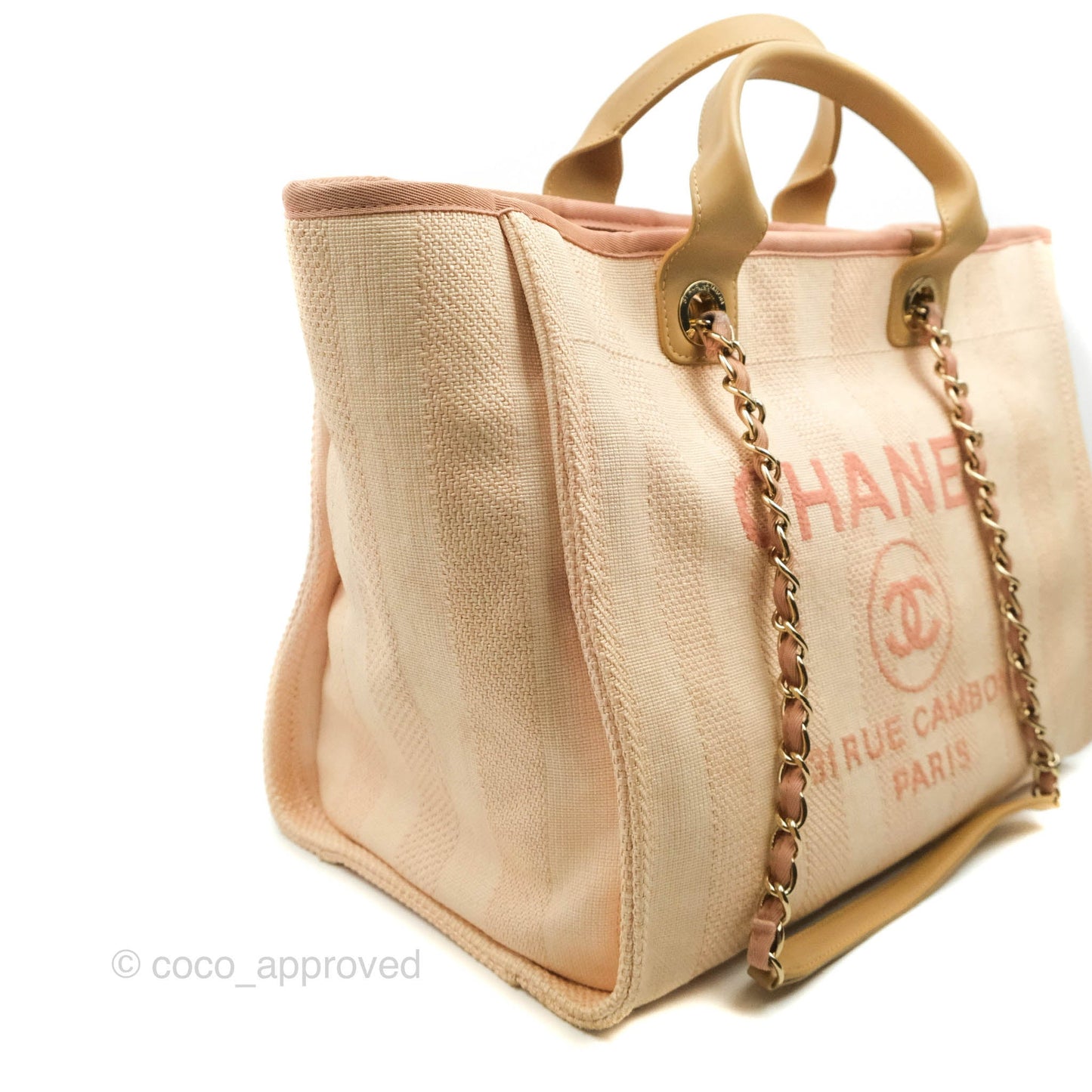 Chanel Large Deauville Pink Stripe Canvas Beige Handle Gold Hardware