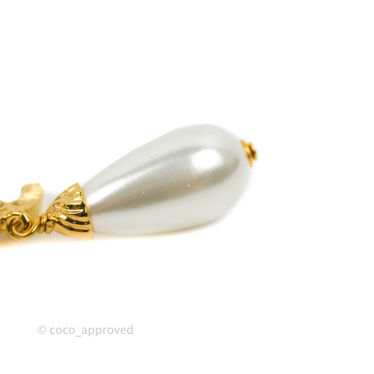 Chanel Lion CC Drop Tear Pearl Earrings Gold Tone 22A