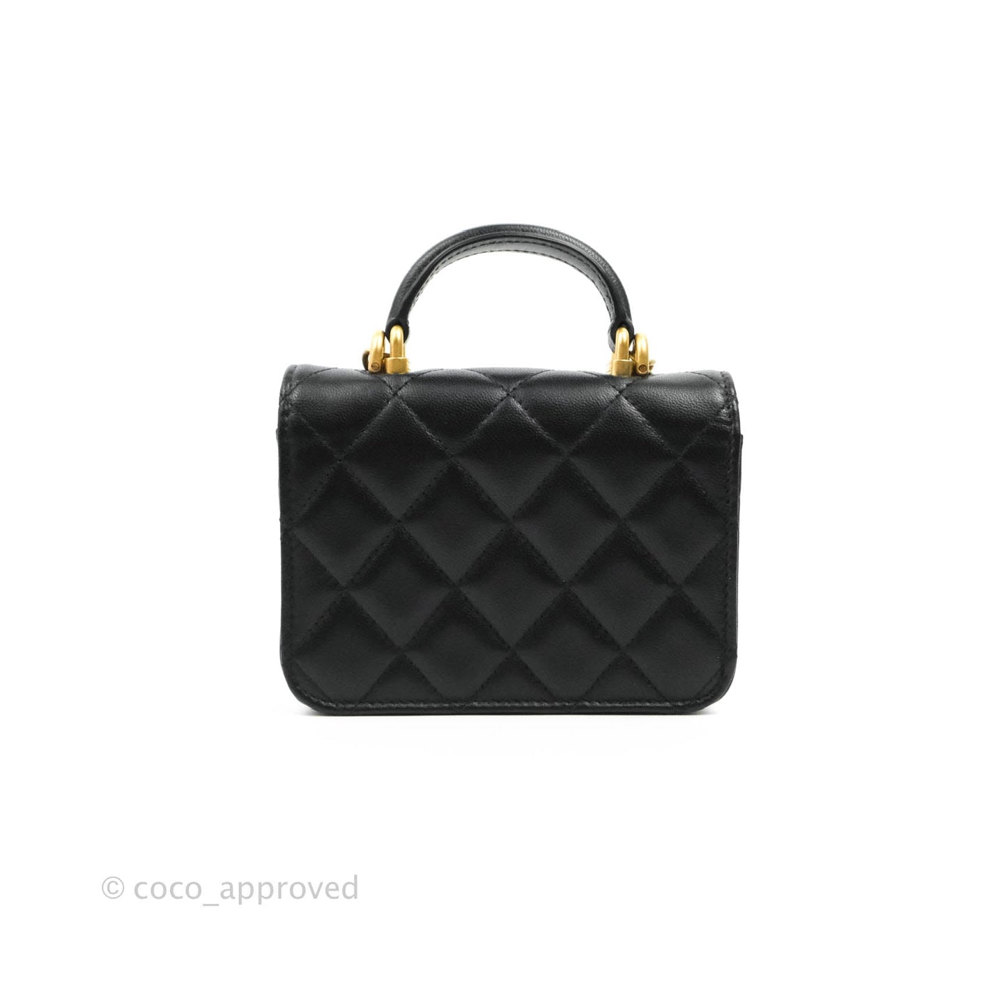 Chanel Mini Handle Flap Coin Purse With Chain Black Lambskin Gold Hardware