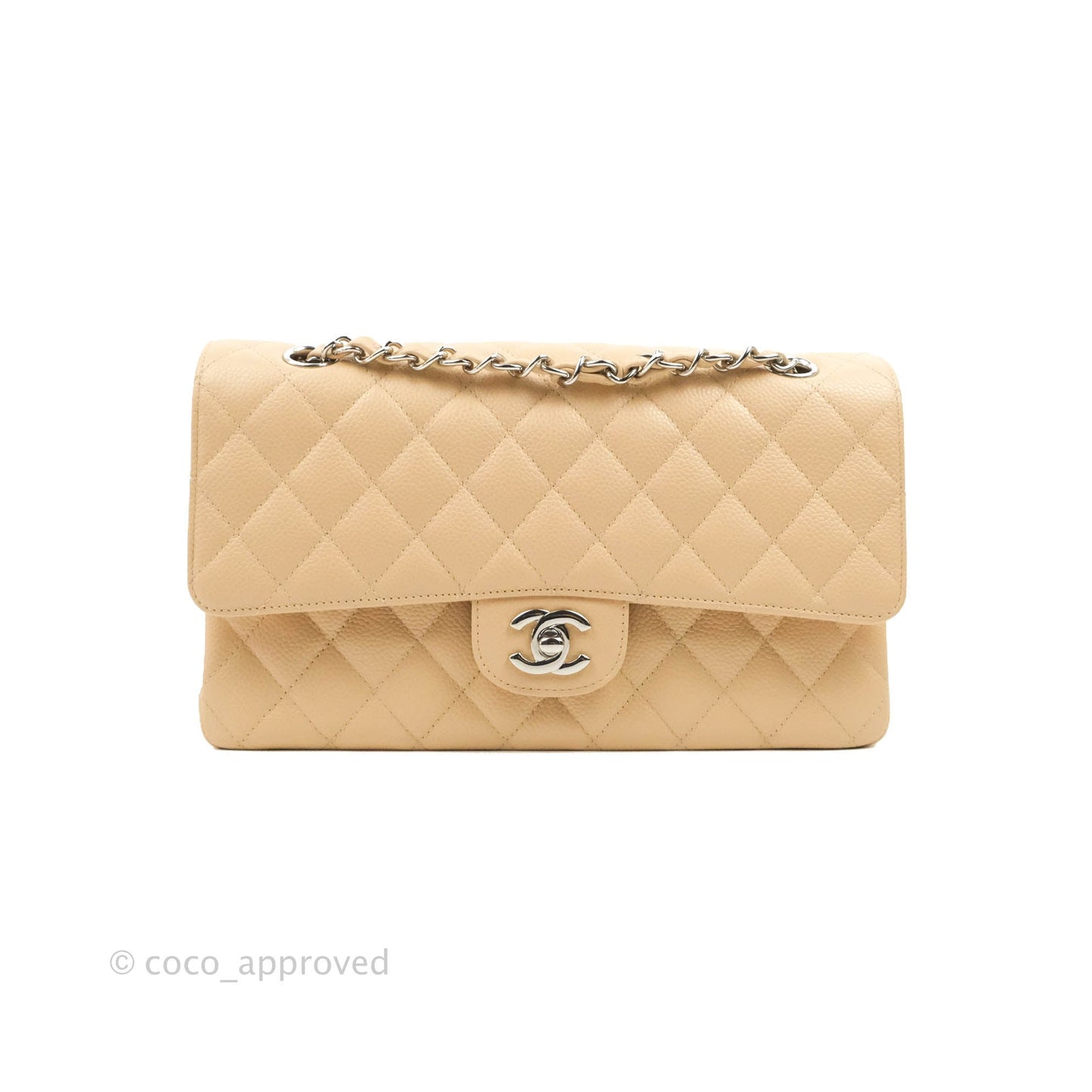 Chanel Classic M/L Medium Flap Quilted Beige Caviar Silver Hardware