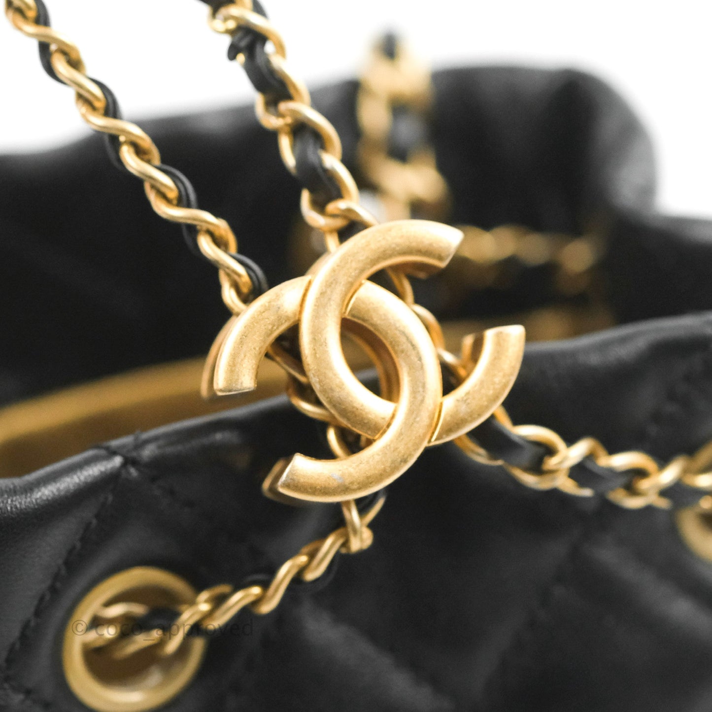 Chanel Pearl Crush Bucket Bag Black Lambskin Aged Gold Hardware 22S