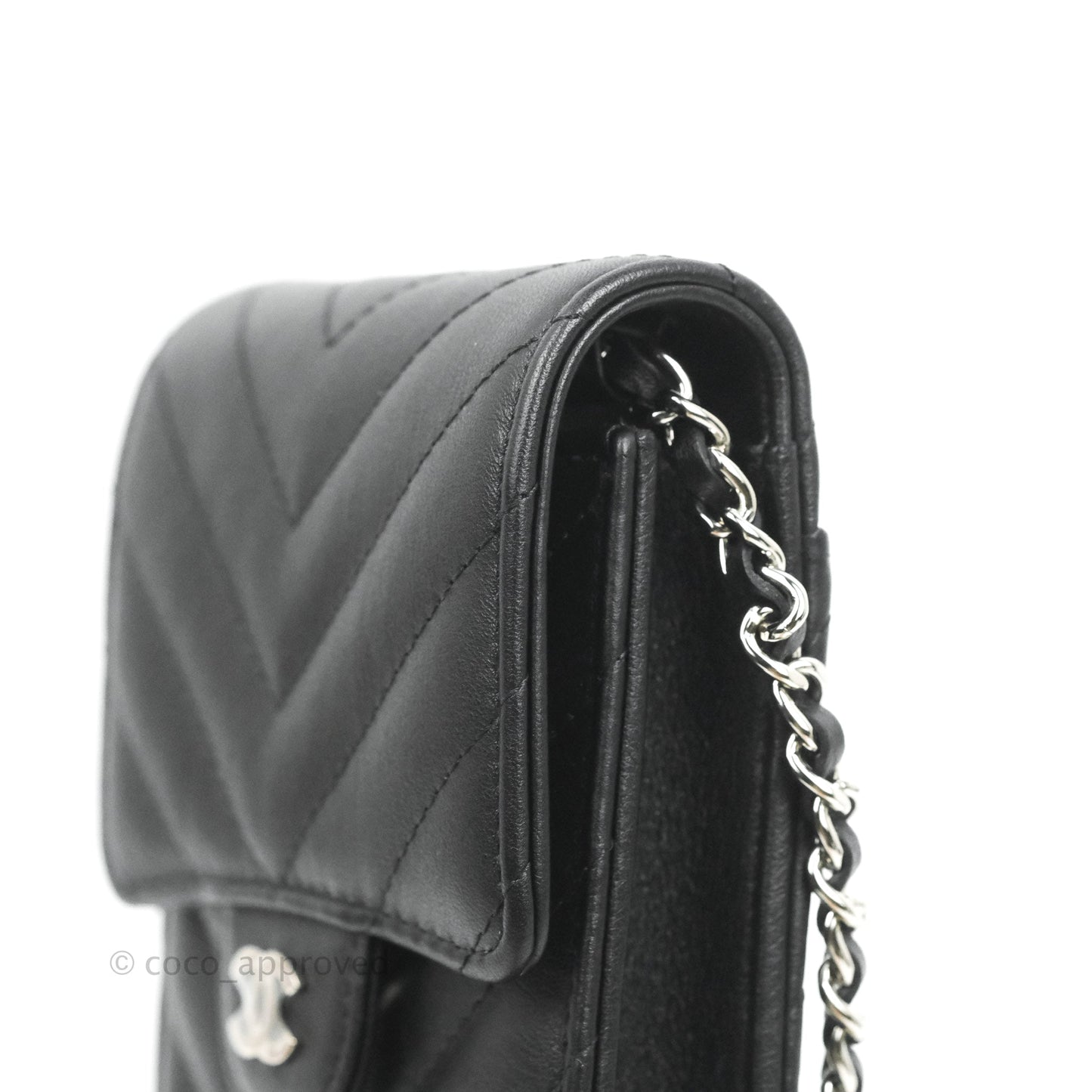 Chanel Classic Chevron Phone Holder Calfskin Black Silver Hardware