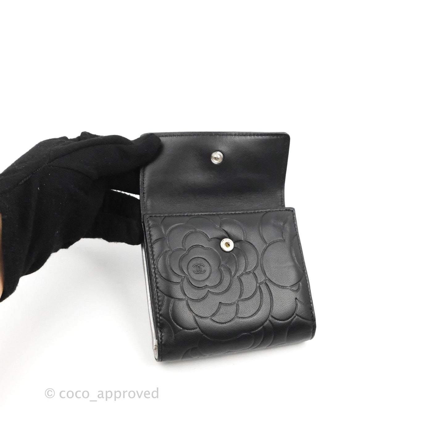 Chanel Camellia Embossed Tri-fold Short Wallet Black Lambskin Silver Hardware