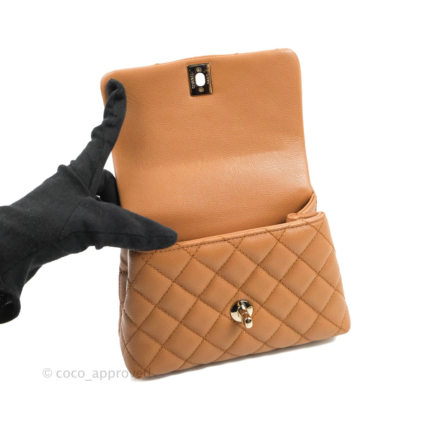 Chanel Mini Coco Handle Quilted Dark Beige Caramel Caviar Lizard Embossed Handle Gold Hardware