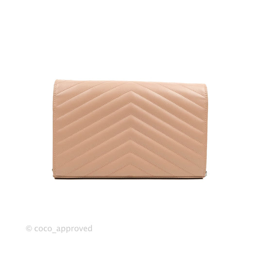 Saint Laurent Wallet on Chain Beige Pink Grained Leather Silver Hardware