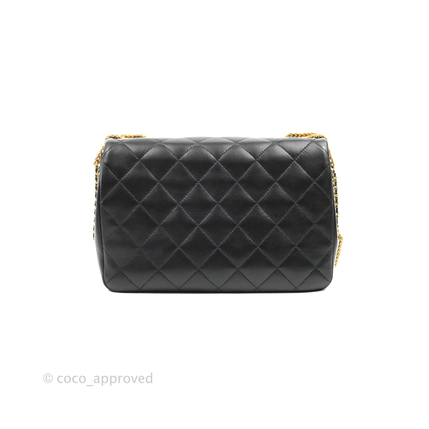 Chanel Large Flap Bag With Woven CC Logo Black Lambskin Gold Hardware 22C