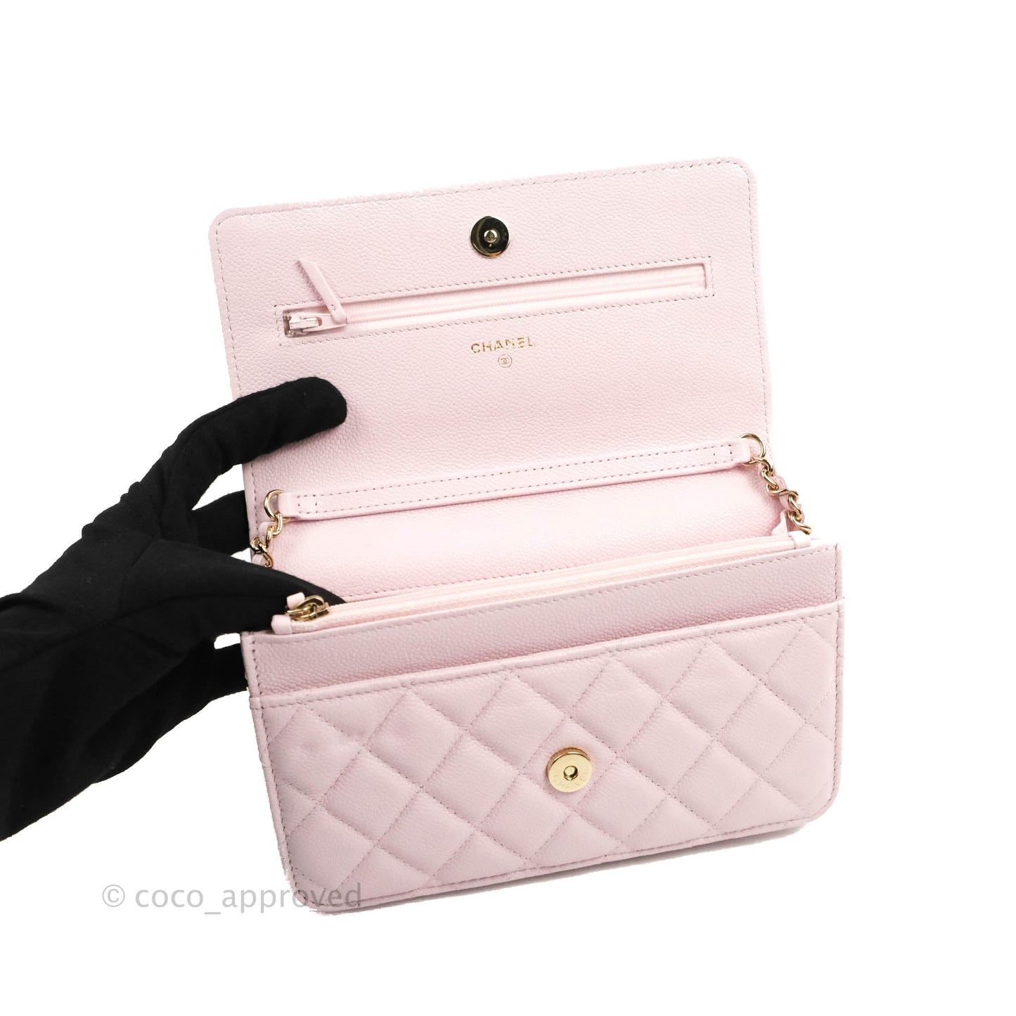 Chanel Quilted CC Chain Wallet on Chain WOC Light Pink Caviar Gold Hardware 22P
