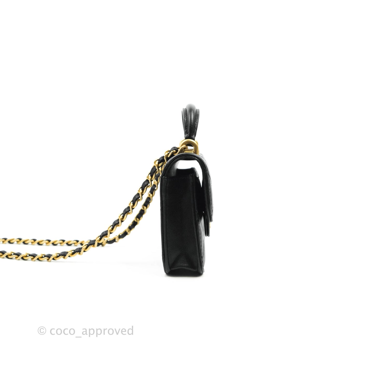 Chanel Mini Handle Flap Coin Purse With Chain Black Lambskin Gold Hardware