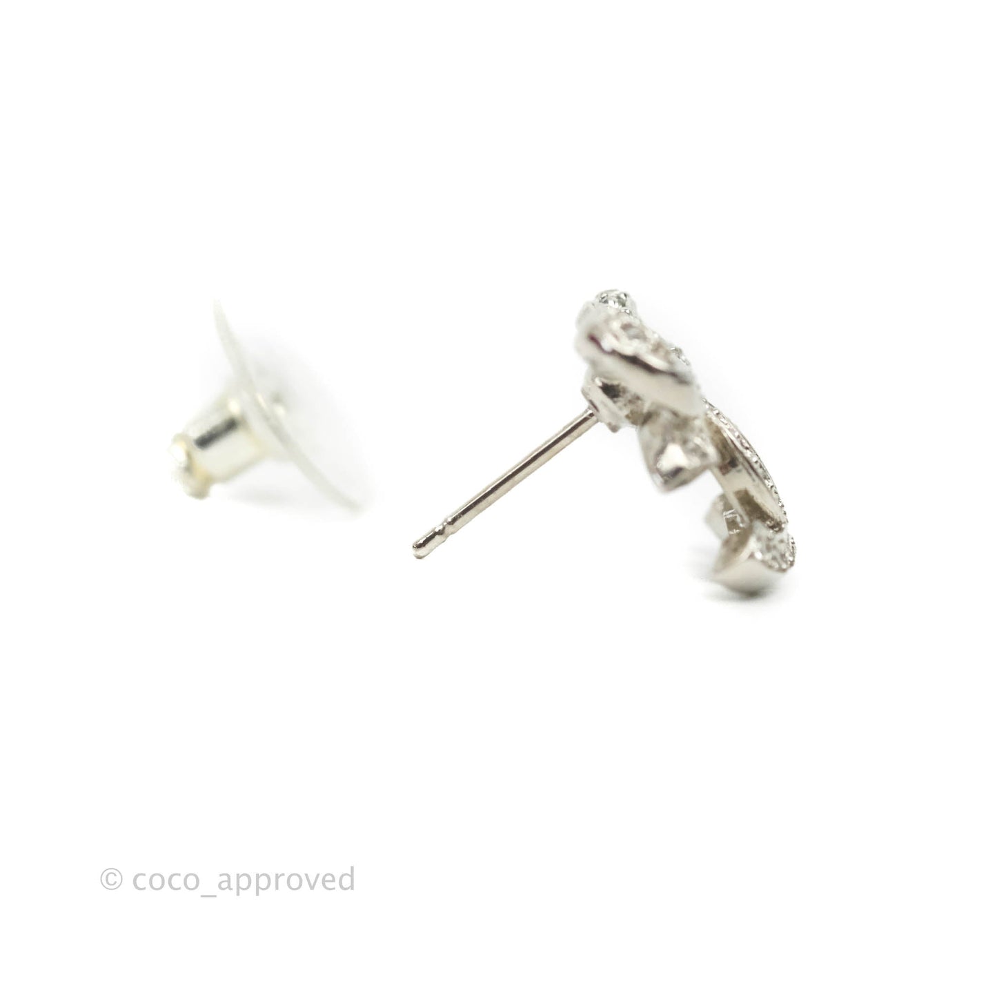 Chanel Crystal CC Bow Knot Earrings Silver Tone 22B
