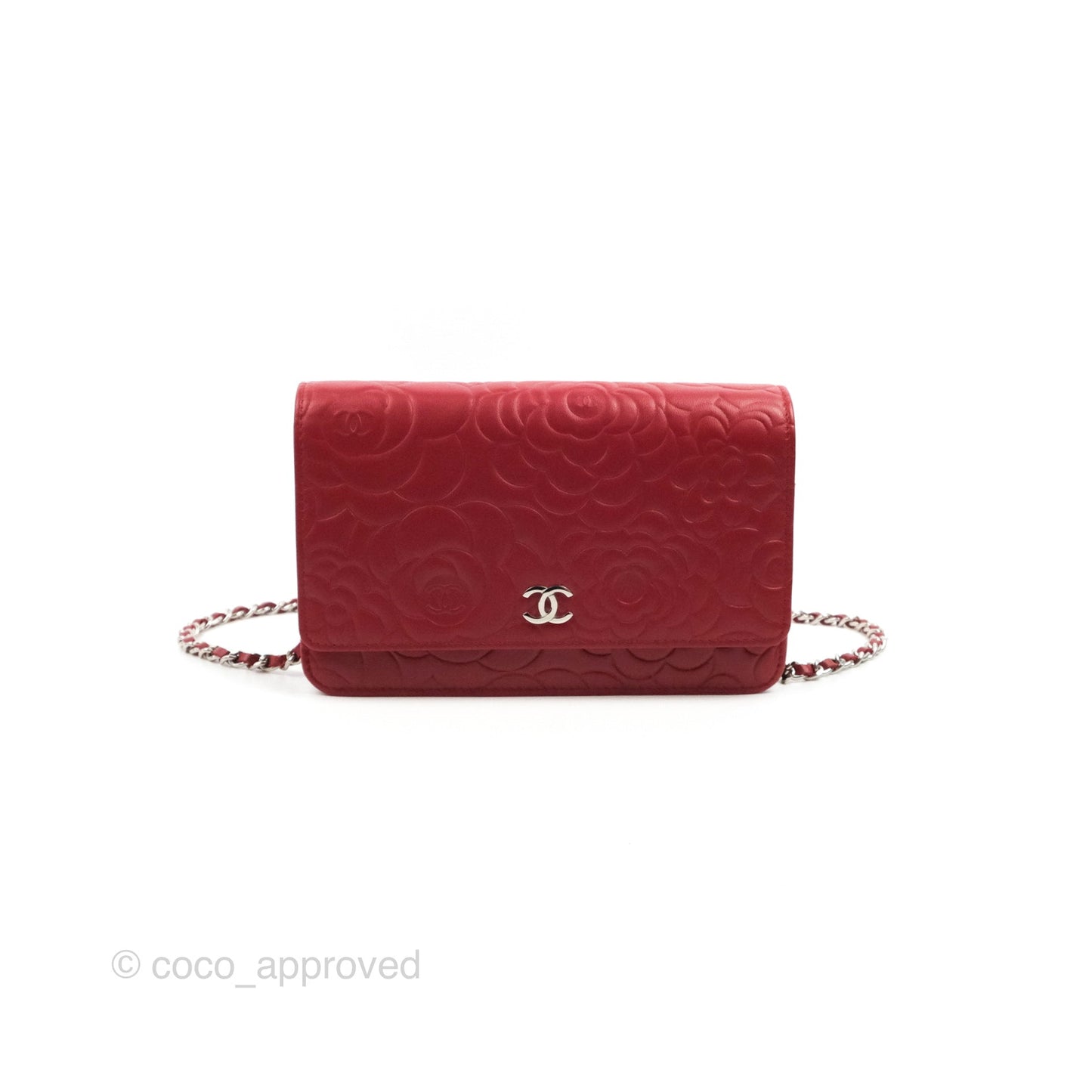 Chanel Camellia Embossed Wallet On Chain WOC Red Lambskin Silver Hardware