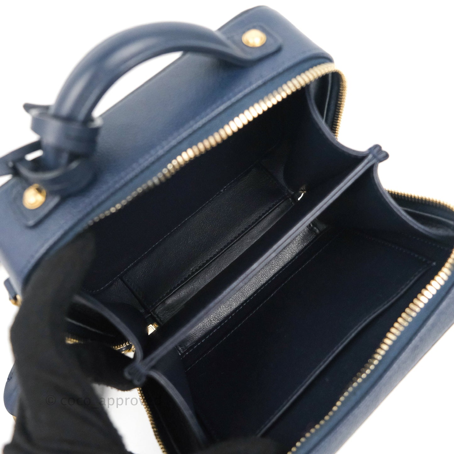 Chanel Quilted Small CC Filigree Vanity Case Navy Caviar Gold Hardware