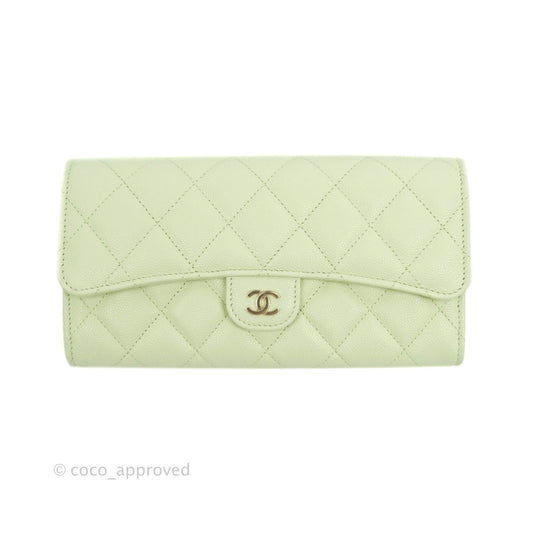 Chanel Caviar Quilted Long Flap Wallet Mint Green Caviar Gold Hardware 22C